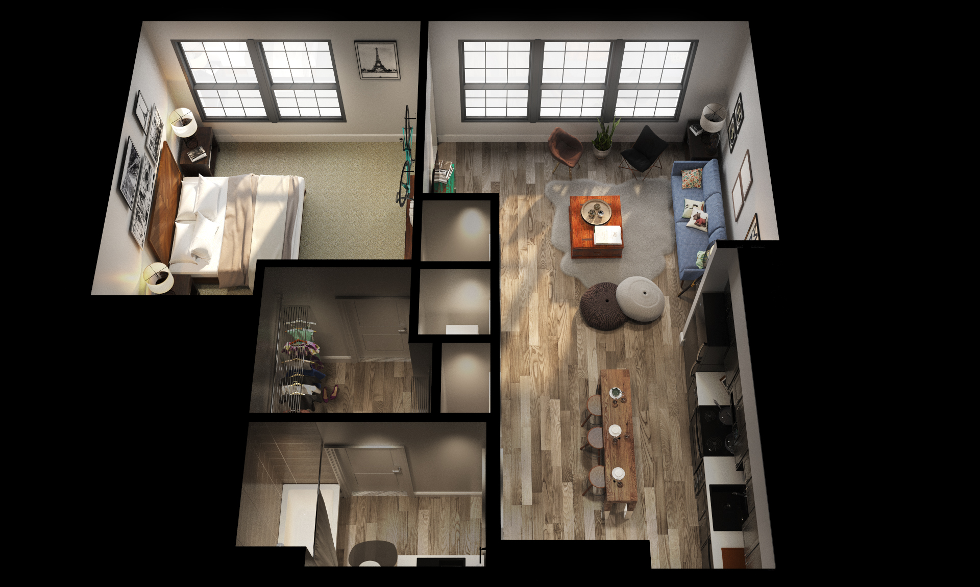 Floor plan for 1 bed, 1 bath, 722 sqft